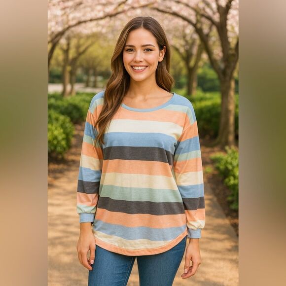 Cy Tops - CY Women’s Medium Colorblock Long Sleeve Pastel Casual Top Spring Tee